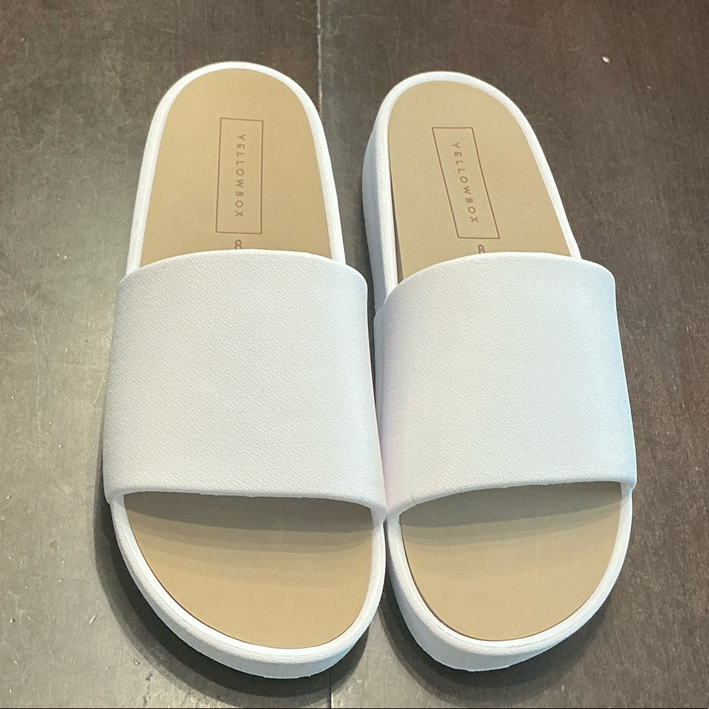 Yellow Box White Slide Sandals with Tan Footbed